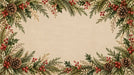 Winter forest border wallpaper with pinecones, red holly berries, and dark green fir branches on oatmeal linen background.