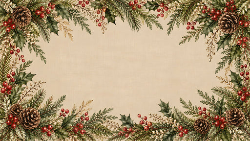 Winter forest border wallpaper with pinecones, red holly berries, and dark green fir branches on oatmeal linen background.