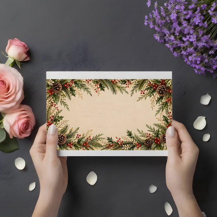Cozy bedroom setting with botanical pinecone and berry wallpaper border creating a warm seasonal focal point.