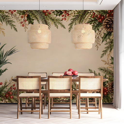 Dining room with traditional winter foliage wallpaper mural providing an elegant, classic decorative accent.