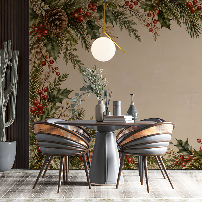 Festive dining room featuring winter forest border mural on the main wall behind a rustic wooden table.