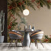 Festive dining room featuring winter forest border mural on the main wall behind a rustic wooden table.