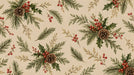 A botanical pattern of pinecones, holly leaves, and red berries on a warm oatmeal beige background.