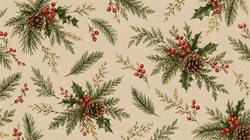 A botanical pattern of pinecones, holly leaves, and red berries on a warm oatmeal beige background.