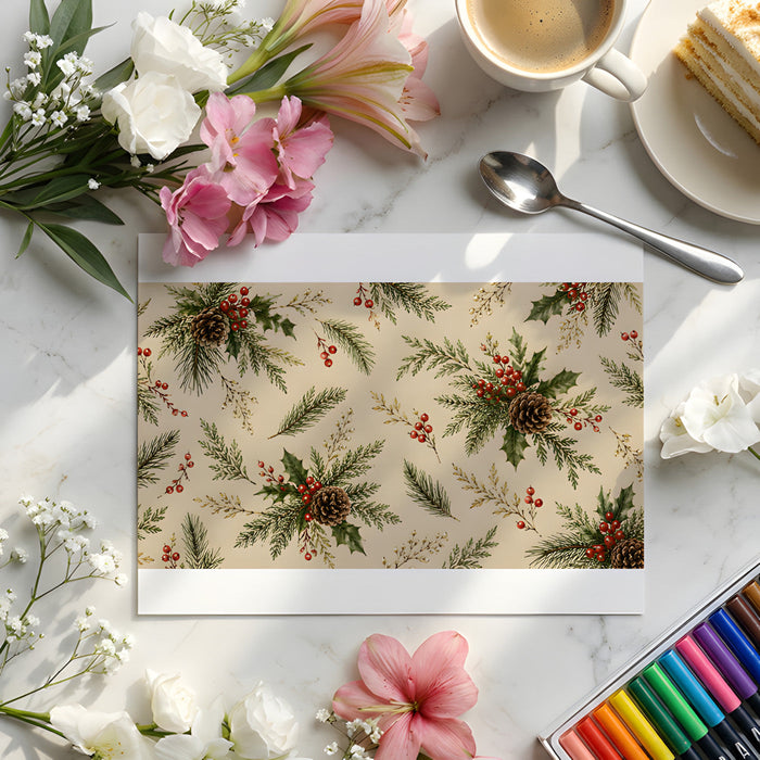 A festive dining room wall decorated with the winter botanical mural for a holiday meal setting.
