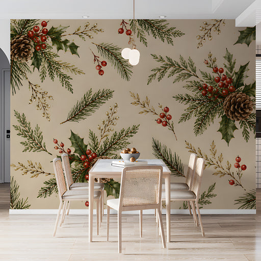 A dining room featuring the pine and berry mural to create a cozy woodland atmosphere.