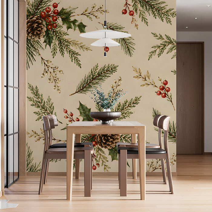 A cozy dining room featuring the pinecone holly wallpaper behind a mid-century modern sofa.
