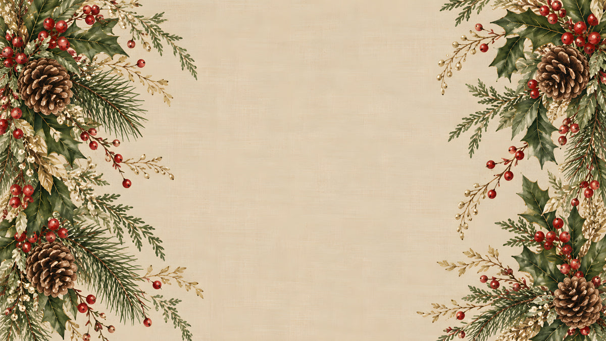 Winter pine and holly berry wallpaper mural with pinecones on oatmeal linen background