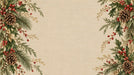 Winter pine and holly berry wallpaper mural with pinecones on oatmeal linen background
