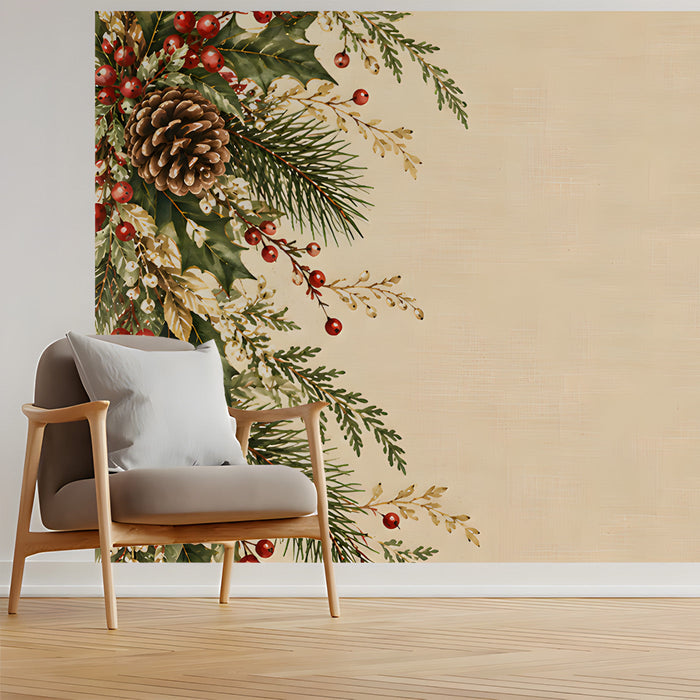 Entryway study styled in front of a seasonal pine and berry nature mural