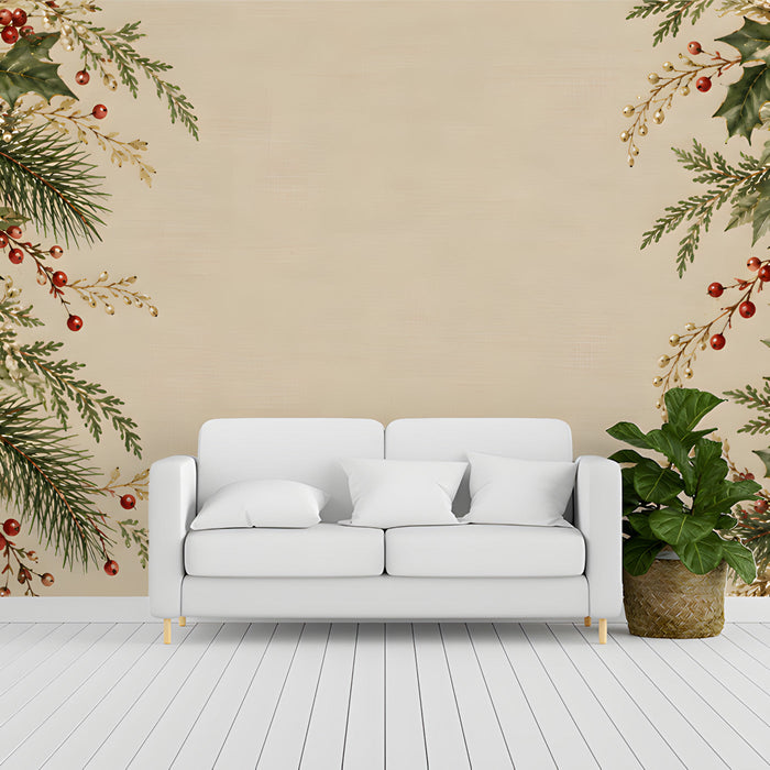 Entryway with festive botanical wall mural behind a dark wood buffet sideboard