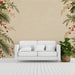 Entryway with festive botanical wall mural behind a dark wood buffet sideboard