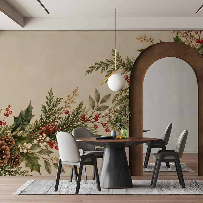 A peaceful dining interior featuring a botanical garland wall mural above a neutral headboard.
