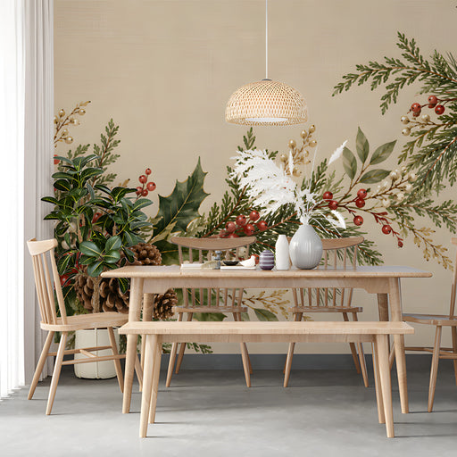 A cozy dining room featuring a pine and berry wall mural behind a minimalist wooden table.