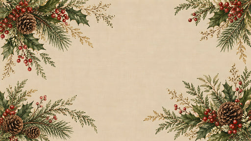 Botanical winter wallpaper featuring red berries, pinecones, and evergreen branches on a textured oat-colored background.