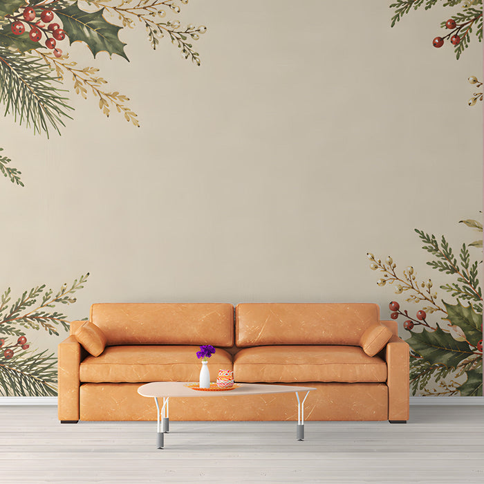 A serene entryway retreat with botanical pine and berry mural installed.