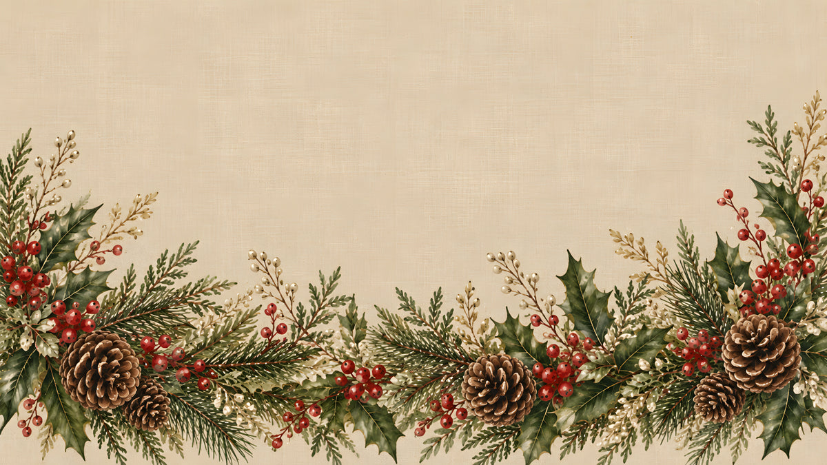 A lush horizontal garland of pine needles, holly leaves, red berries, and pinecones on a light beige linen-textured background.