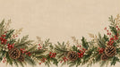 A lush horizontal garland of pine needles, holly leaves, red berries, and pinecones on a light beige linen-textured background.
