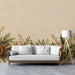 A warm, inviting entryway featuring a sophisticated winter garland mural on the main wall.