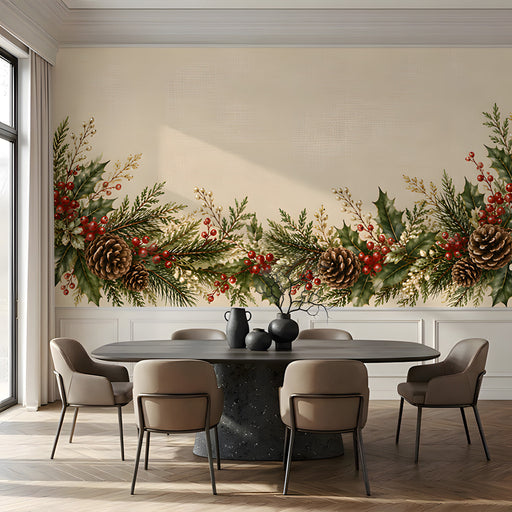 A cozy meeting room featuring a festive botanical wall mural behind a wooden table setup.