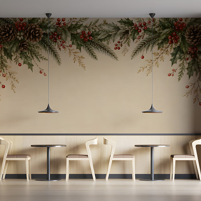 A cafe entrance featuring a classic holiday-inspired pine and holly wall mural.