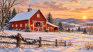 Winter scene mural featuring a bright red barn, snow-covered hills, and a glowing orange sunset sky with pine trees.