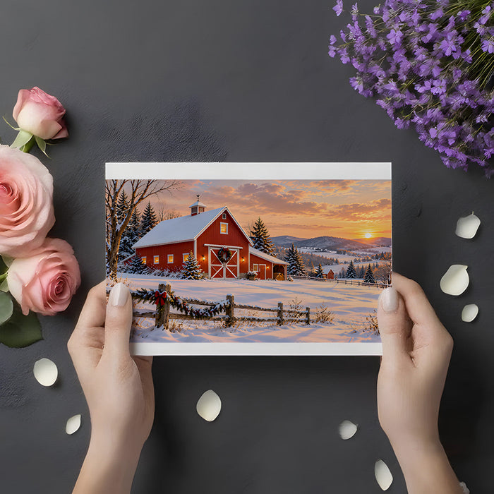 Cozy dining room decorated with a winter sunset landscape wall mural and warm pendant lighting.