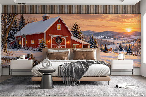 Rustic bedroom with a snowy farmhouse barn sunset wall mural above a fireplace.
