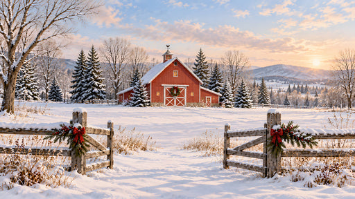 A photorealistic winter landscape mural showing a red barn in snow with pine trees and a wooden fence.
