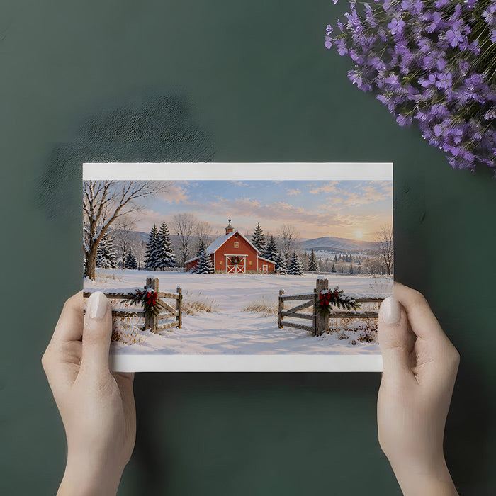 A farmhouse style dining room with a snowy winter scene mural on the main feature wall.