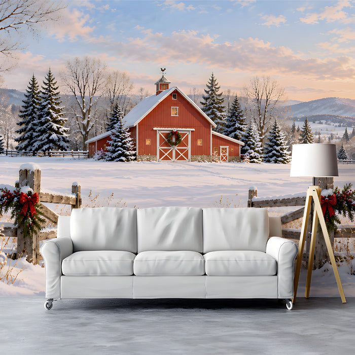 A study with a calm, winter-themed barn landscape mural behind a wooden headboard.