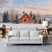 A study with a calm, winter-themed barn landscape mural behind a wooden headboard.