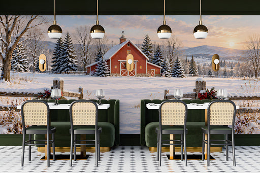 A restaurant featuring a cozy snowy barn landscape wallpaper behind a light gray sofa.