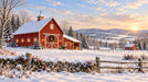 A scenic winter landscape featuring a bright red barn covered in snow with pine trees and a sunset sky.