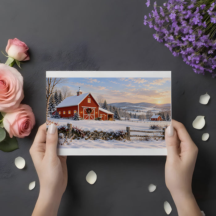 A dining room space styled with a winter farmhouse mural as a festive backdrop for a large wooden table.