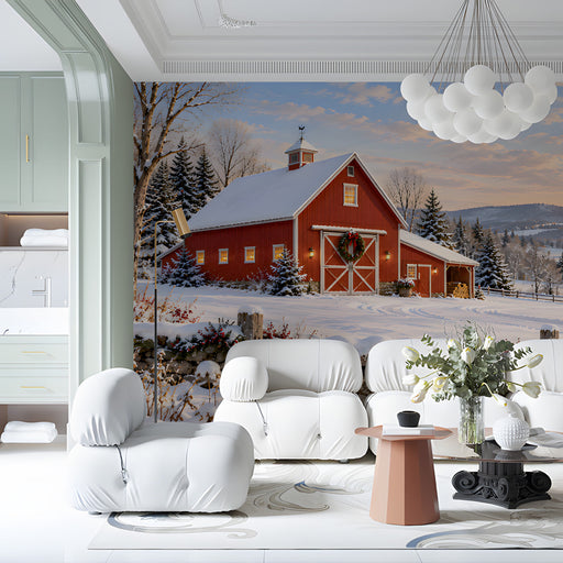 A commercial space wall adorned with a snowy countryside landscape mural creating a bright and seasonal focal point.