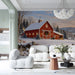 A commercial space wall adorned with a snowy countryside landscape mural creating a bright and seasonal focal point.