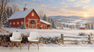 A cozy entryway featuring a snowy farmhouse mural on the main feature wall behind a beige sofa.