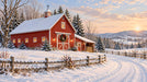 A winter landscape mural featuring a bright red barn covered in snow with a sunset horizon