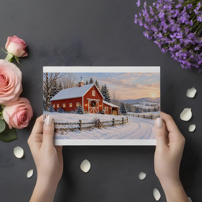 A cozy home office space with a snowy winter farm landscape mural behind a mahogany desk
