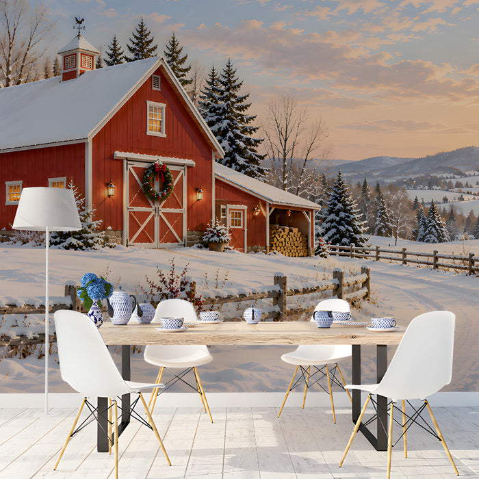 A tranquil dining room featuring a snowy barn landscape wallpaper for a peaceful winter mood