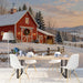 A tranquil dining room featuring a snowy barn landscape wallpaper for a peaceful winter mood