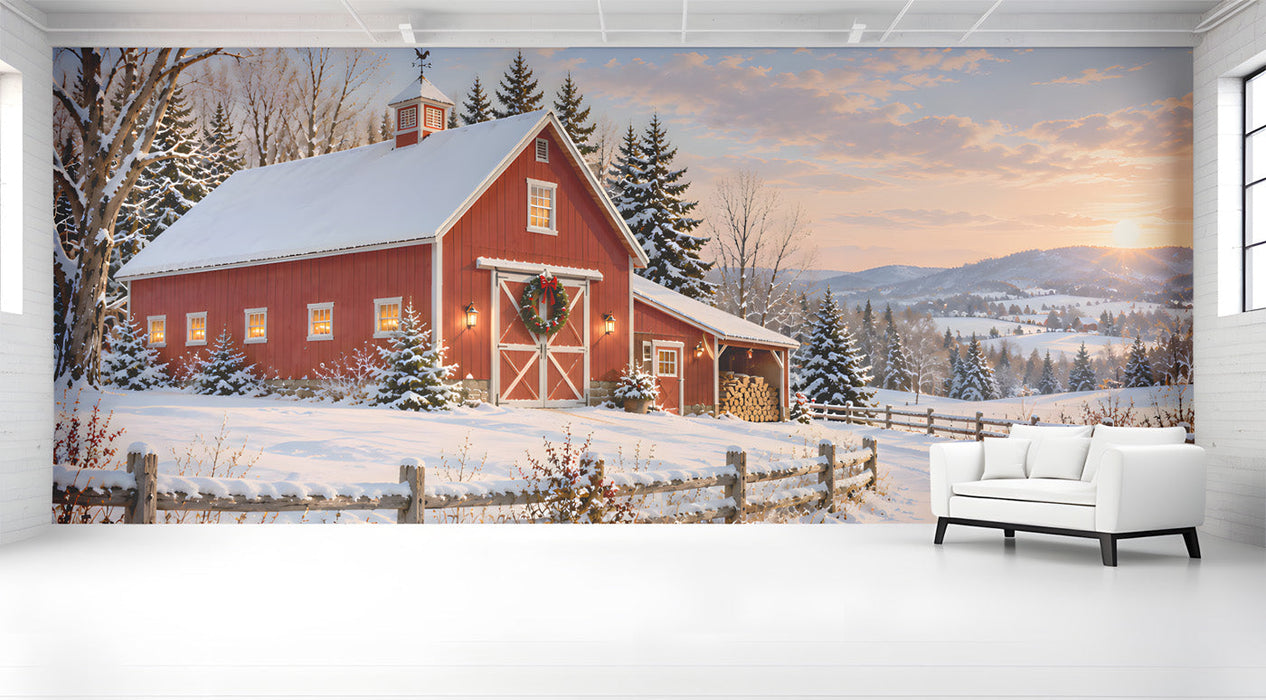 An entryway featuring a snowy red barn mural on the main wall with dark wood furniture