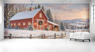 An entryway featuring a snowy red barn mural on the main wall with dark wood furniture