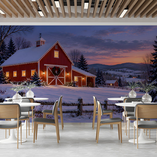 A cafe wall featuring a peaceful winter barn landscape with warm glowing windows.