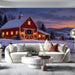A cozy living room wall featuring a winter barn mural, styled with a plush sofa and wool blankets.