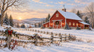 Winter landscape mural with a bright red barn, snowy fence, and sunrise over rolling hills