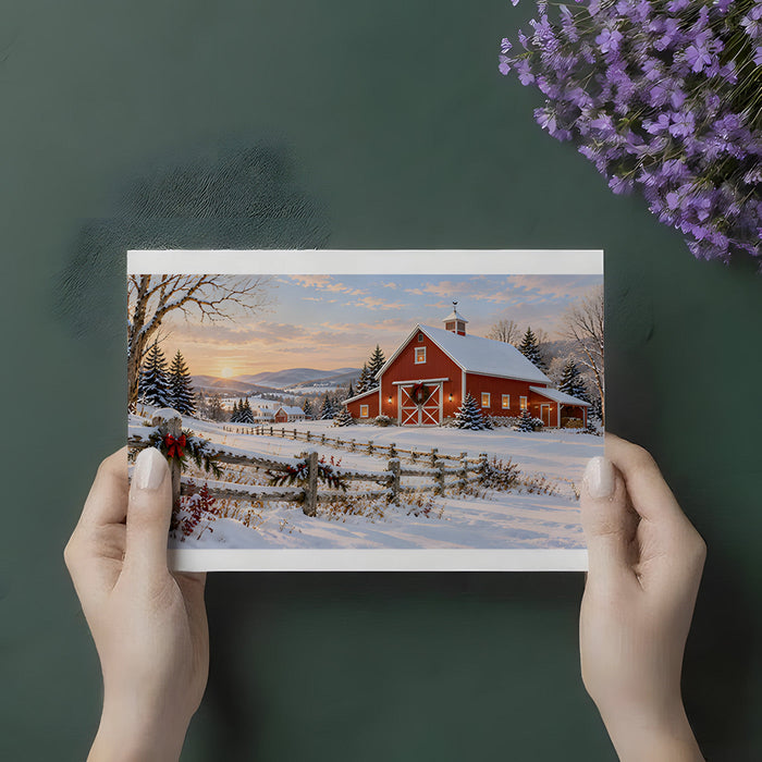 Festive dining room decorated with a snowy country barn landscape wall mural