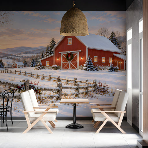 Spacious rustic restaurant with a scenic winter farmhouse wallpaper mural