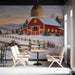 Spacious rustic restaurant with a scenic winter farmhouse wallpaper mural